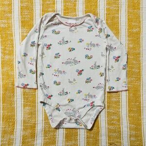 Baby Boden Bunny Floral Long Sleeve Bodysuit 12-18 Months White Pink Trim